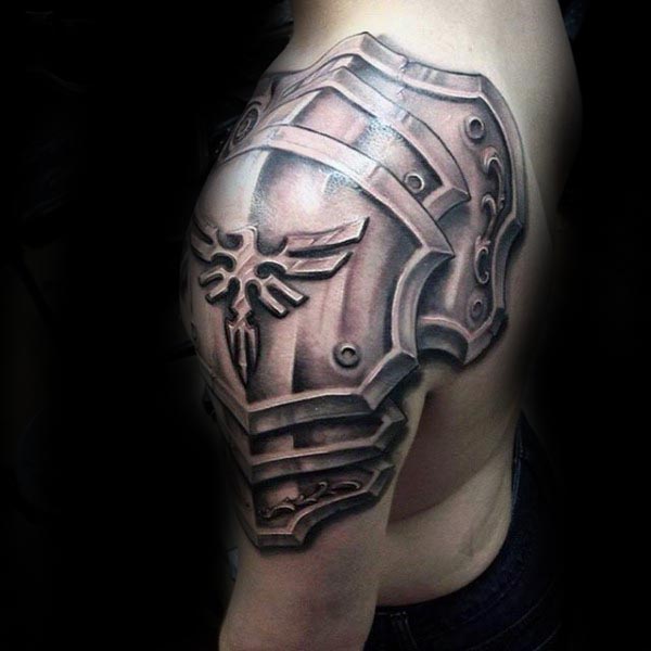 Male armor plate-arm tattoos